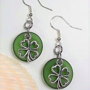 Grass Green Sea Glass Clover Earrings